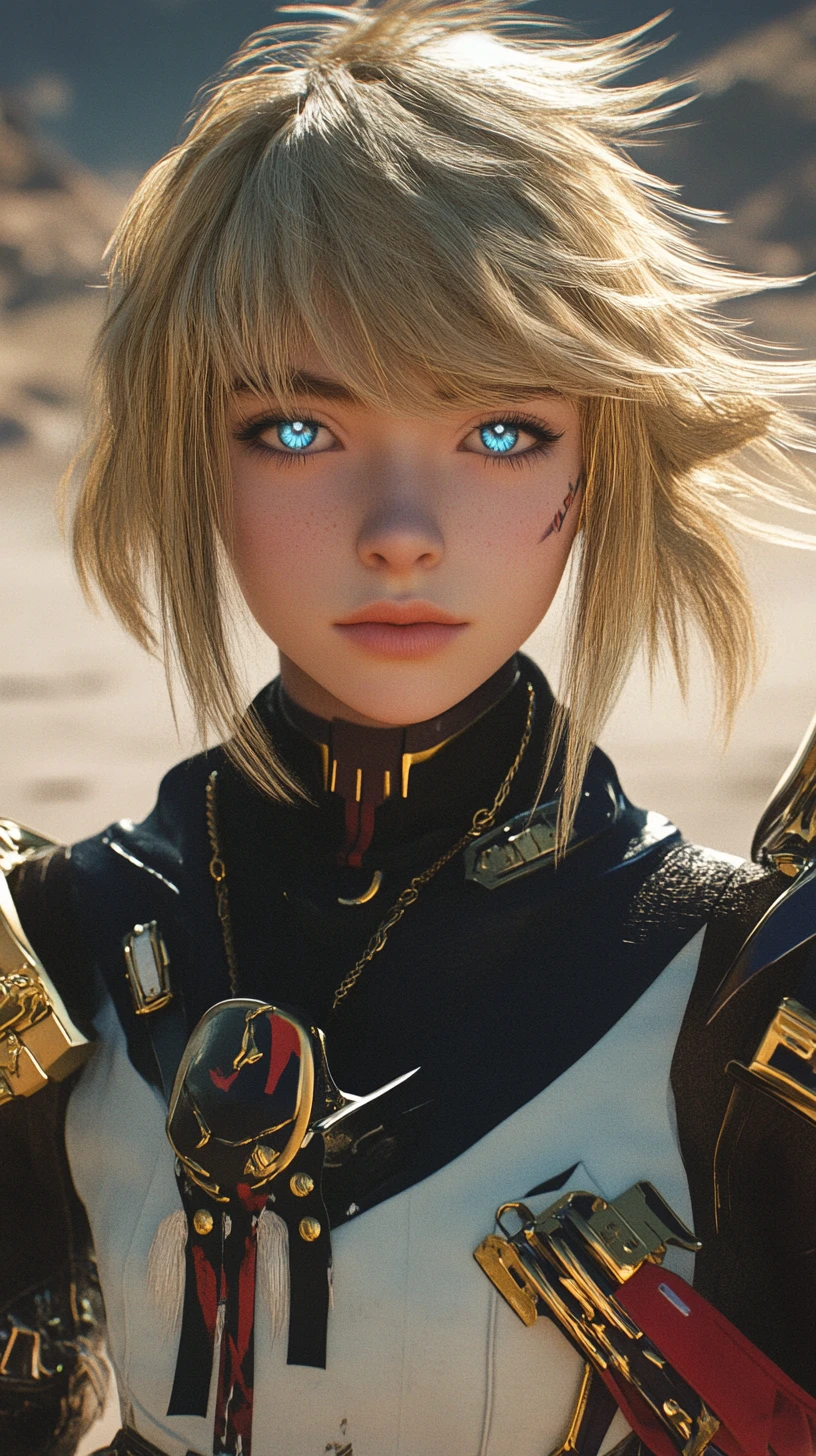 Blonde fantasy girl adventurer in a windswept desert