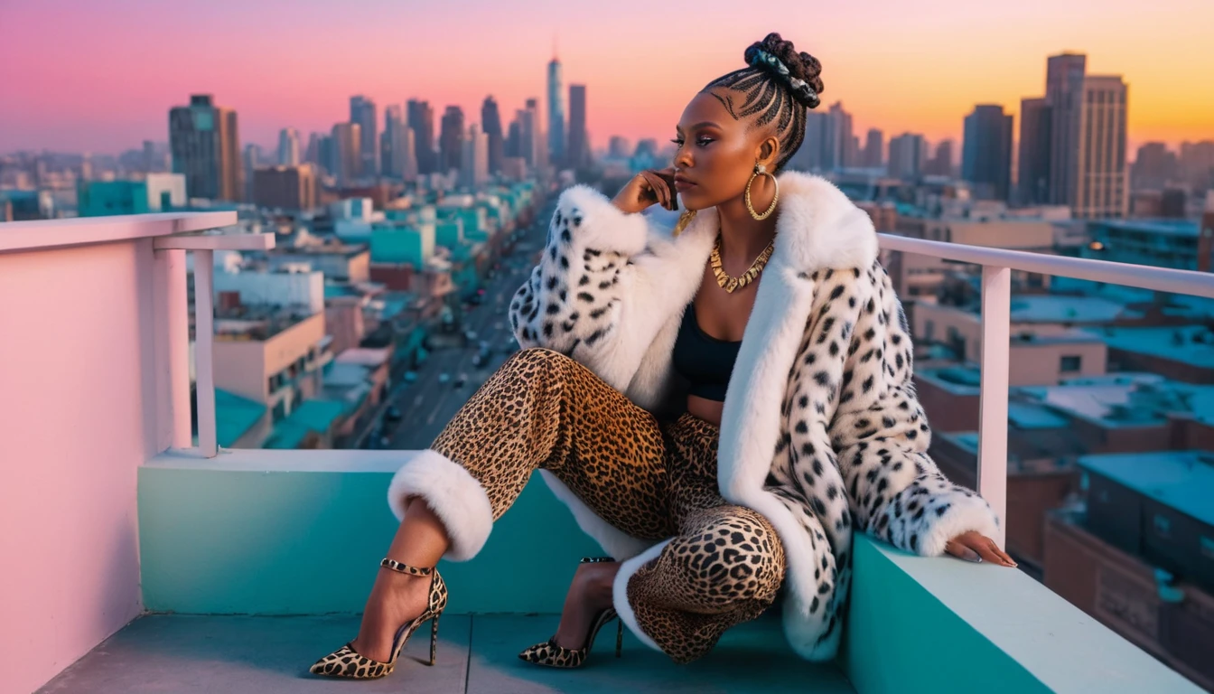 Stylish woman in fur coat on balcony steps at night