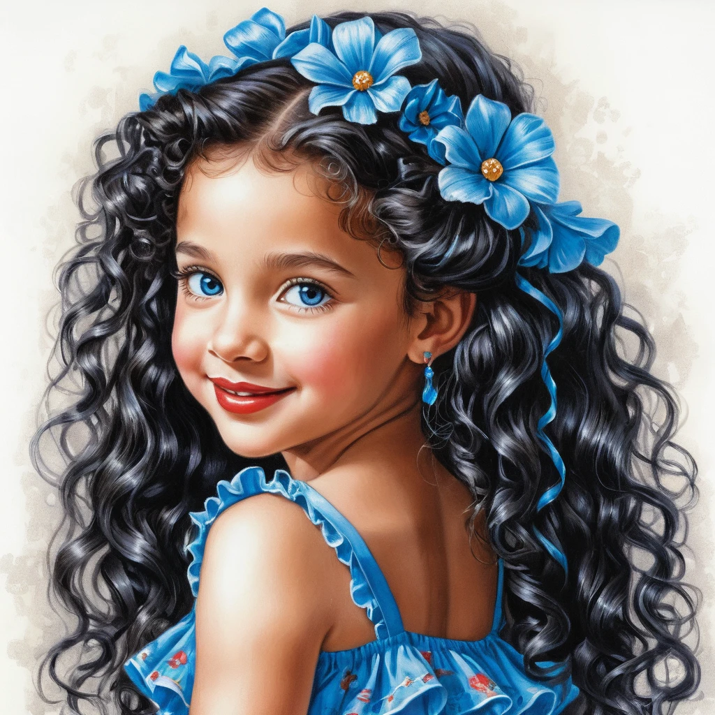 Smiling curly haired girl in blue summer dress portrait