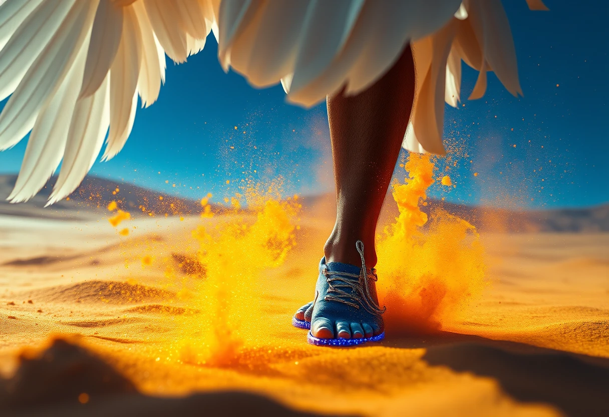 Angel feet on glowing lapis dust in surreal desert