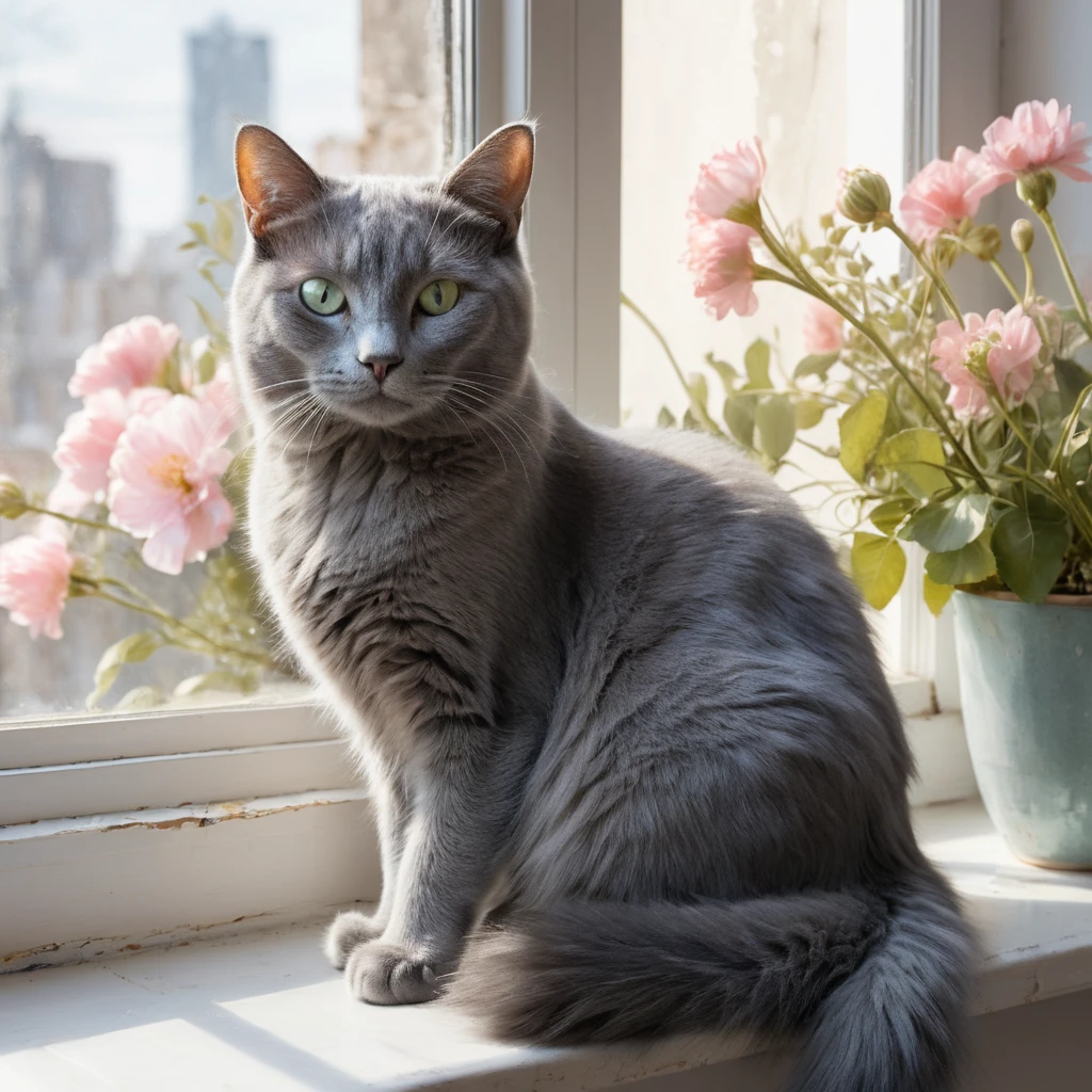 Russian blue cat at a sunlit window in watercolor style