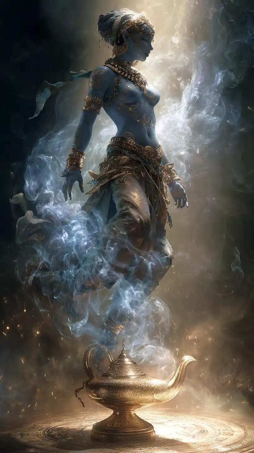 Majestic blue djinn rising from an ornate brass lamp