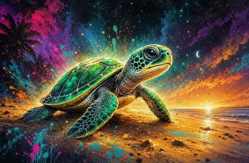 Cute green sea turtle hatchling on glowing sandy beach