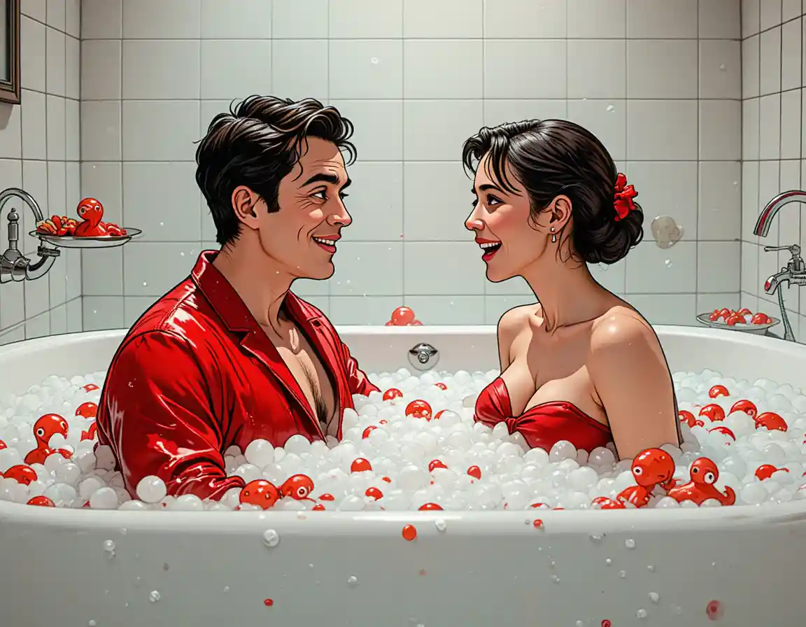 Man in red bathrobe chatting in bubbly bathtub scene