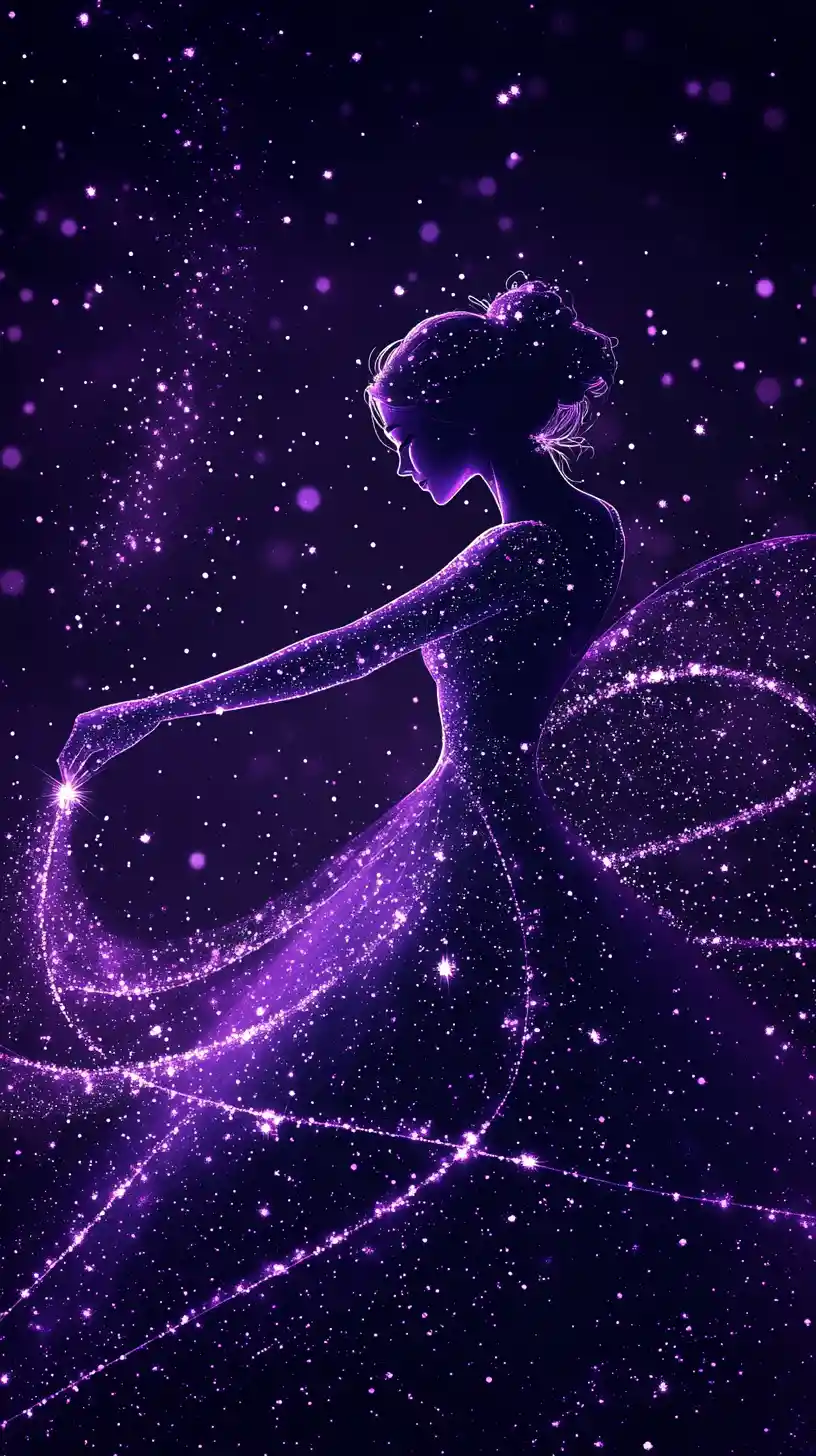 Danzatrice cosmica nella polvere di stelle viola con galassie luminose