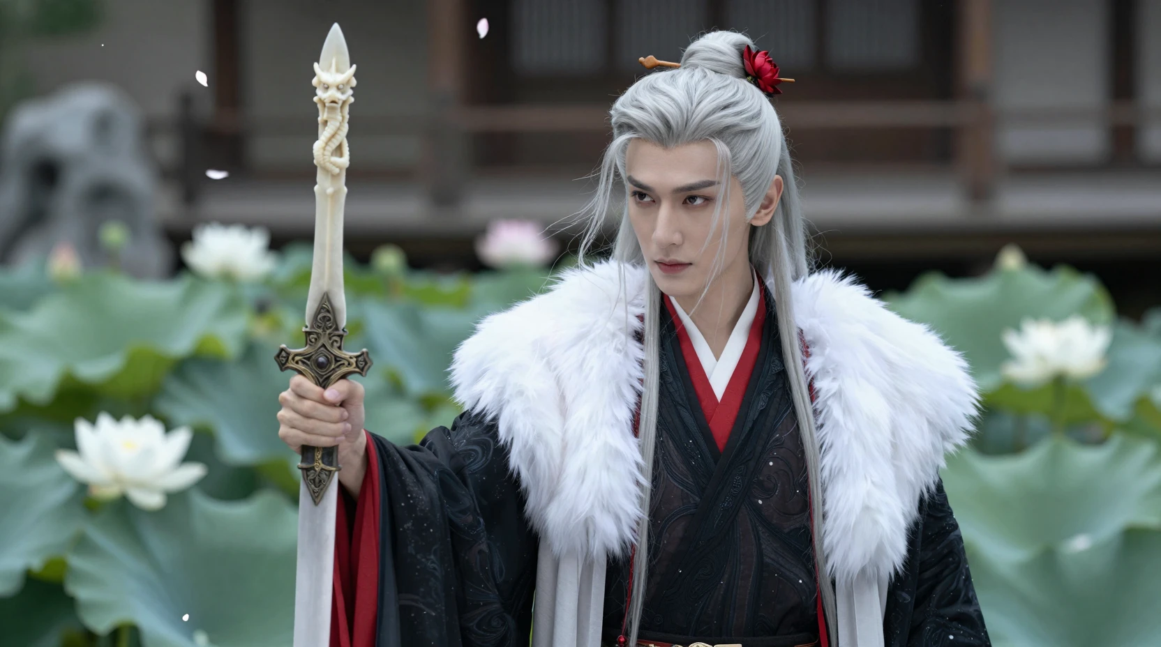 Silver haired warrior with dragonbone sword in lotus garden