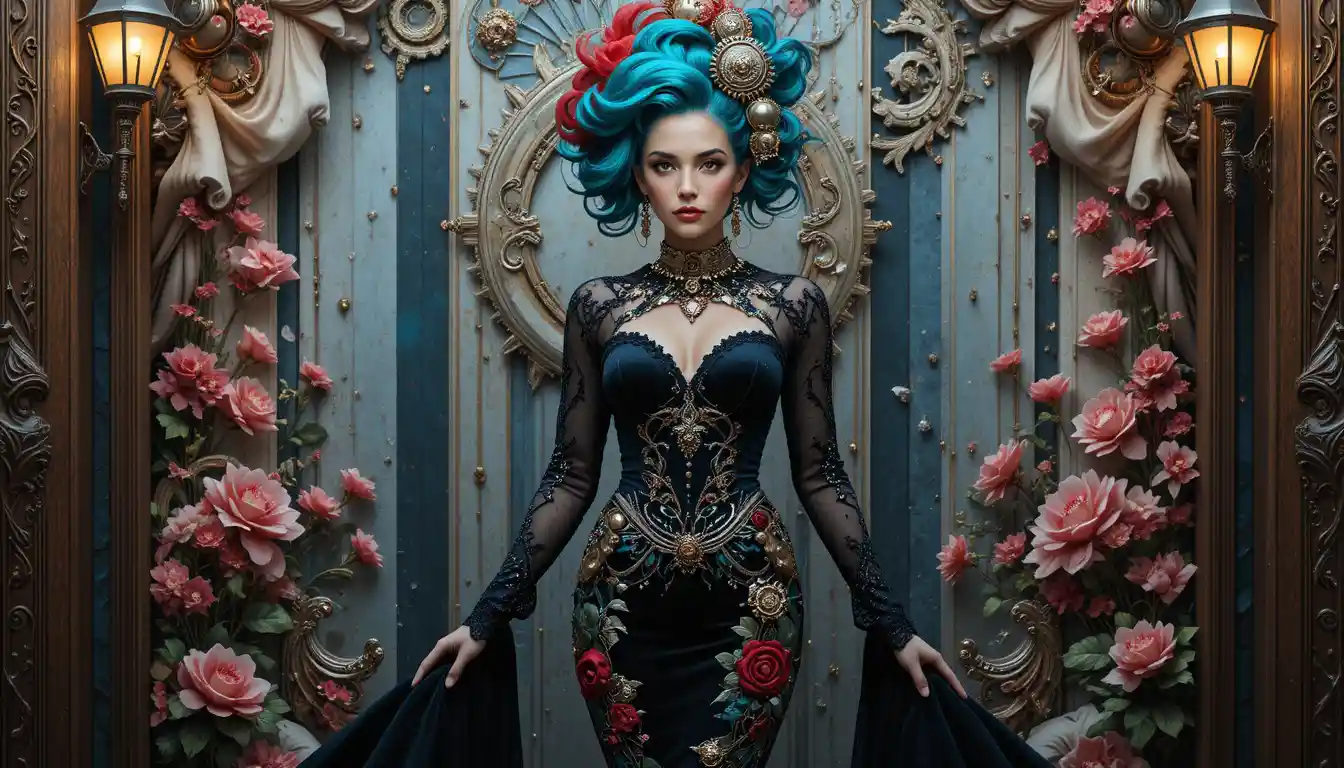 Curvy model in black velvet gown with golden embroidery