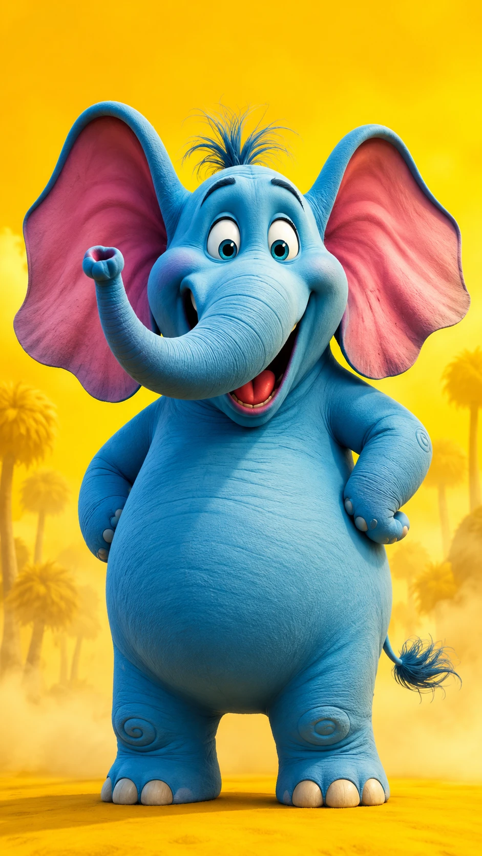 Playful 3D elephant character in vibrant abstract setting