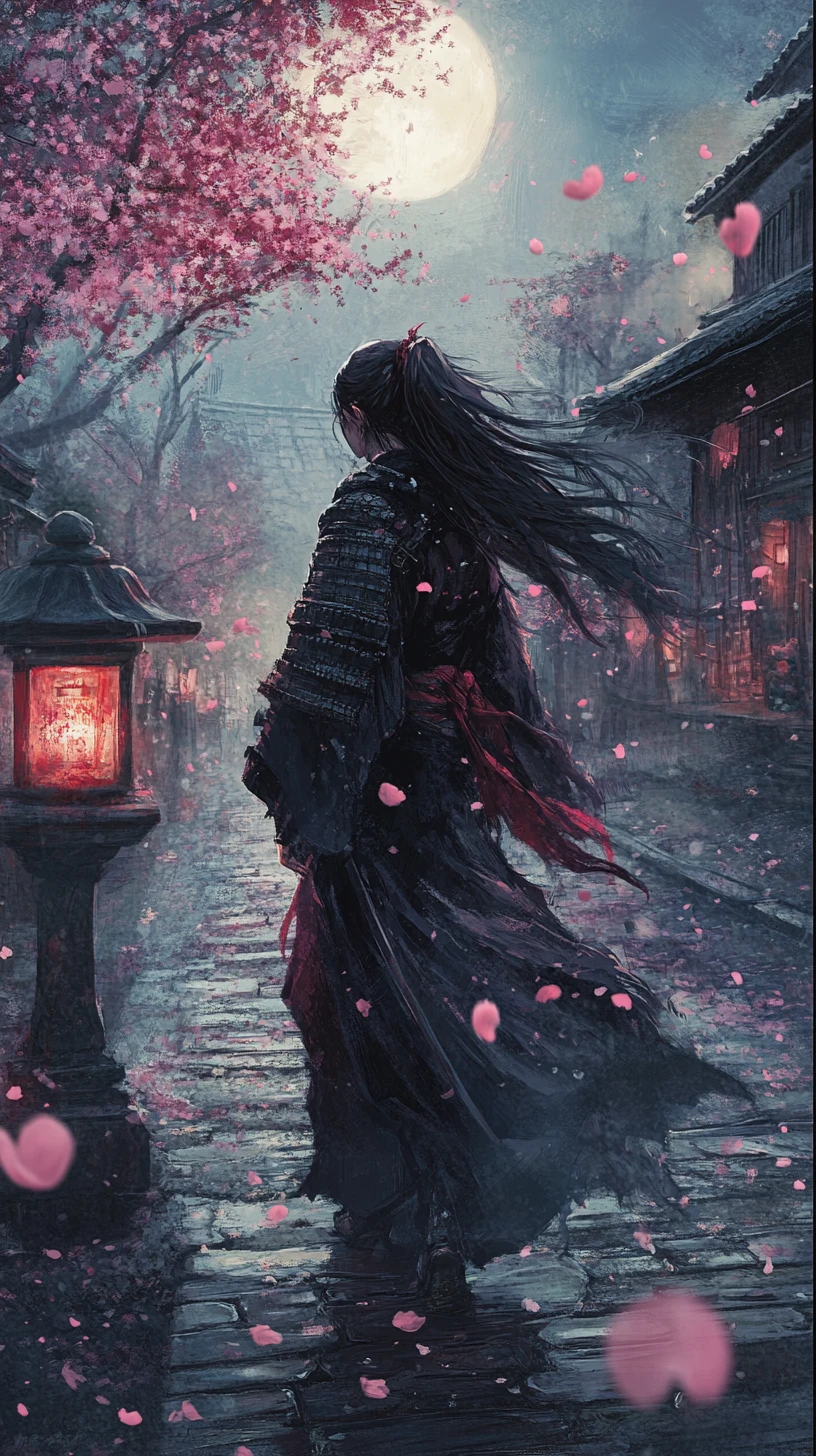 Somber Female Samurai Walking Through Moonlit Sakura Street