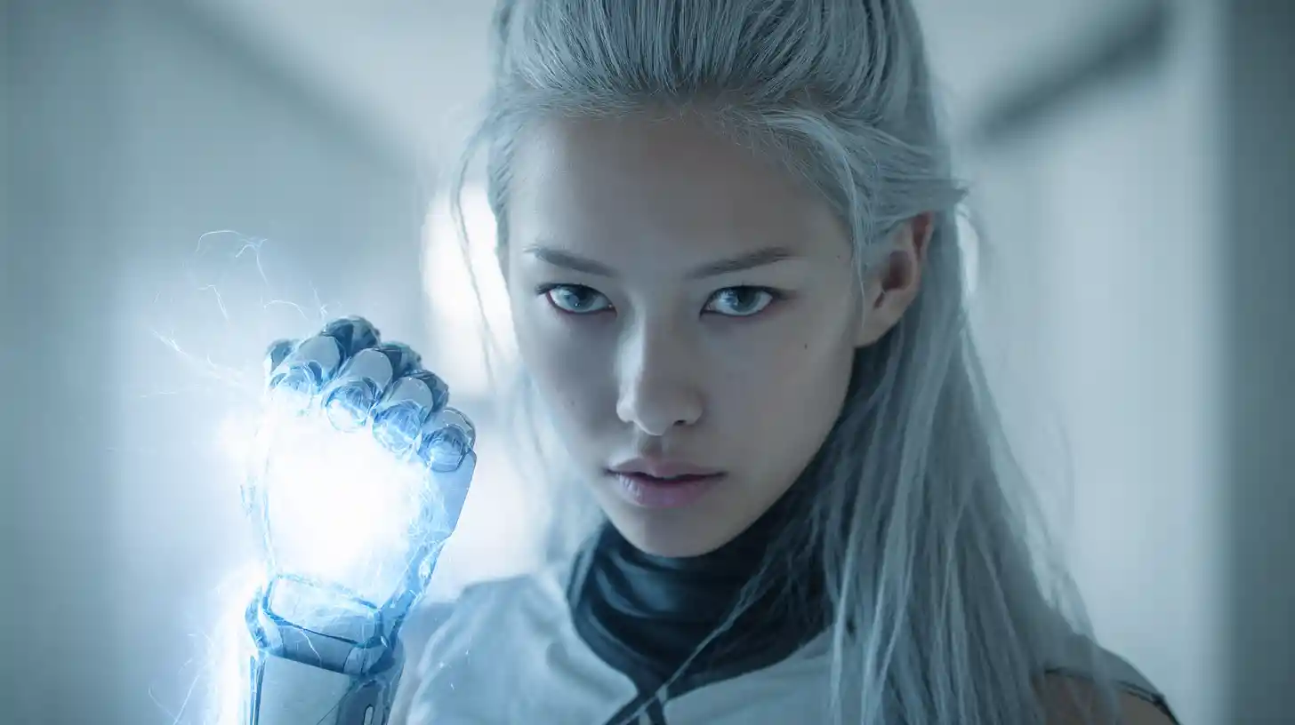 Futuristic woman holding a glowing quantum weapon
