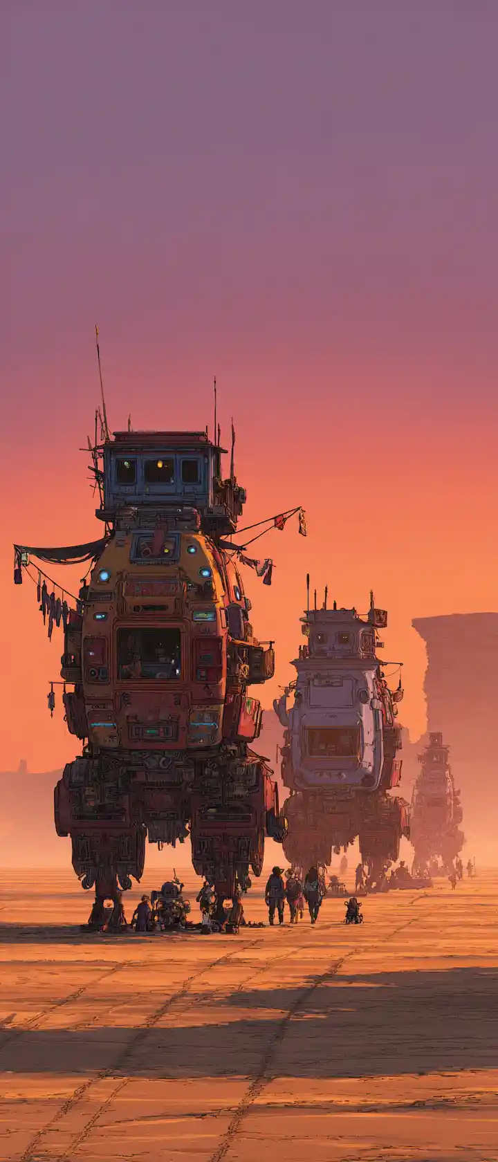 Nomadische Mech-Karawane durchquert eine gewaltige Rostwüste