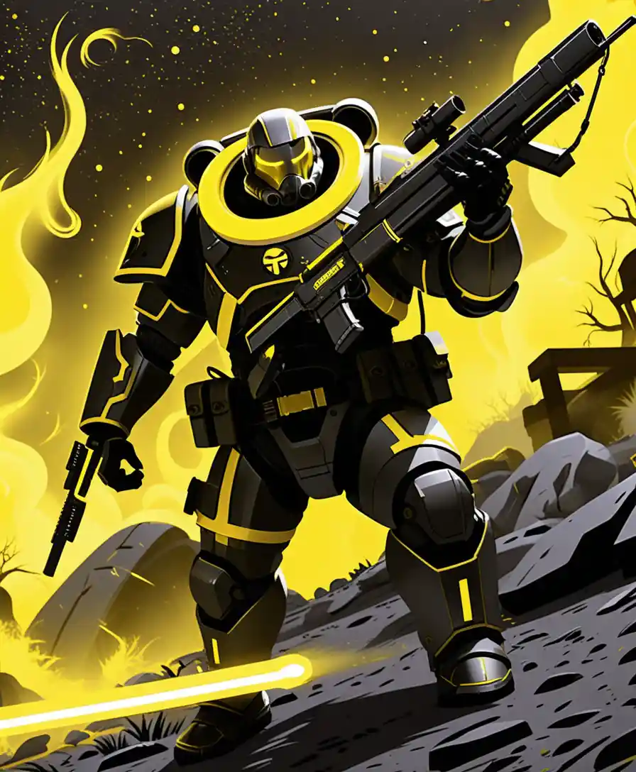 Armored soldier with neon machine gun in cosmic storm