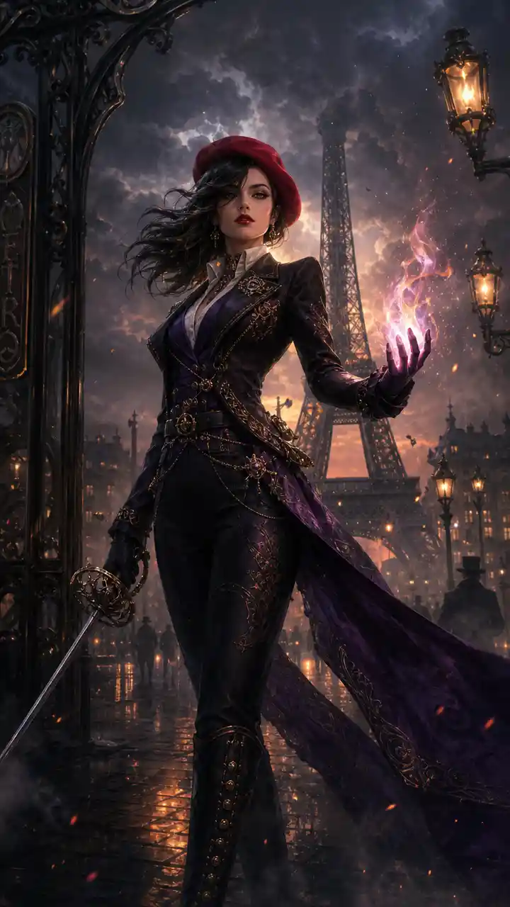 Mystic heroine with rapier before Paris tower at dusk