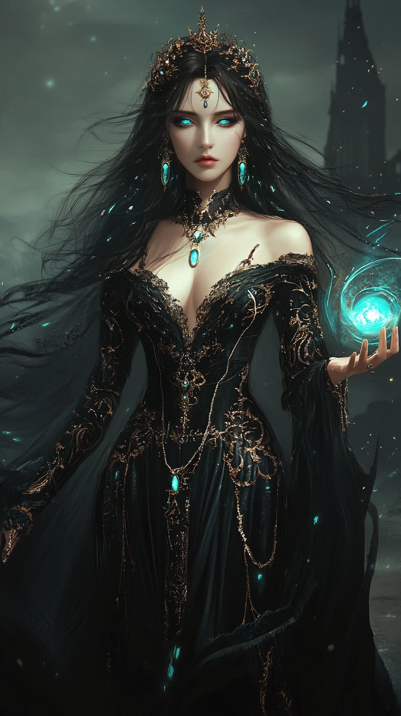 Elegante strega fantasy che evoca magia turchese brillante