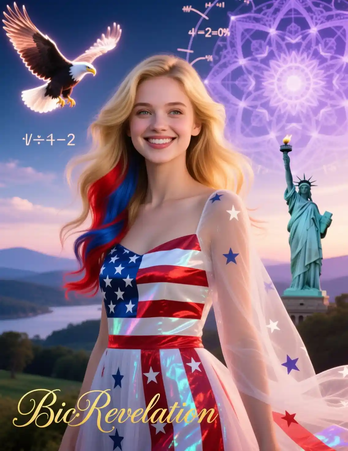 Cinematic portrait of a patriotic girl in flowing dress