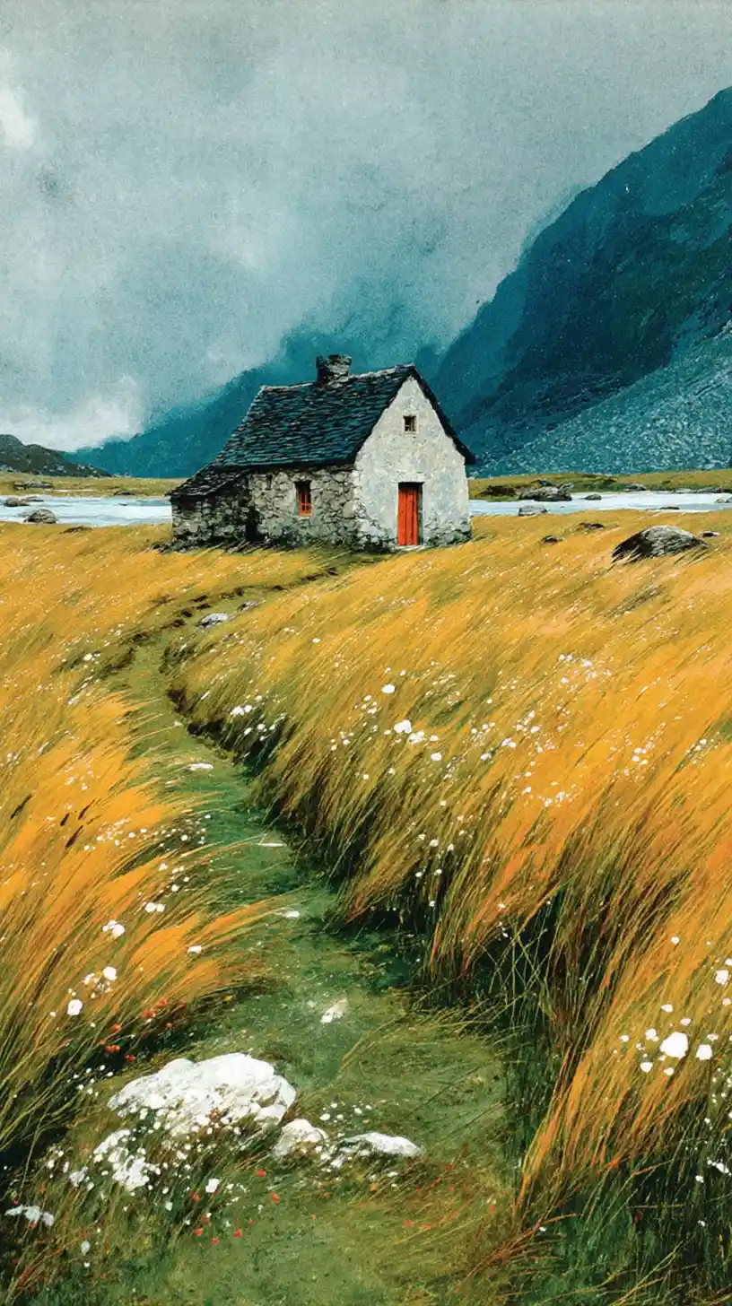 Foggy Scottish chapel beside a windswept rural meadow