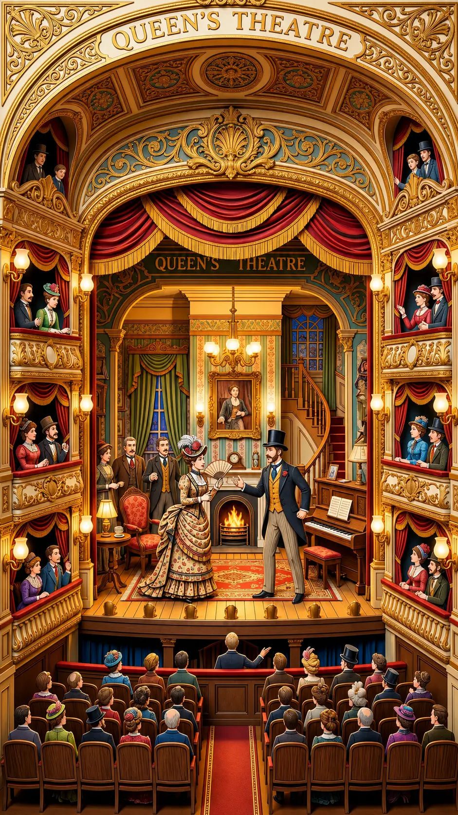 Victorian theater stage with actors in bright auditorium