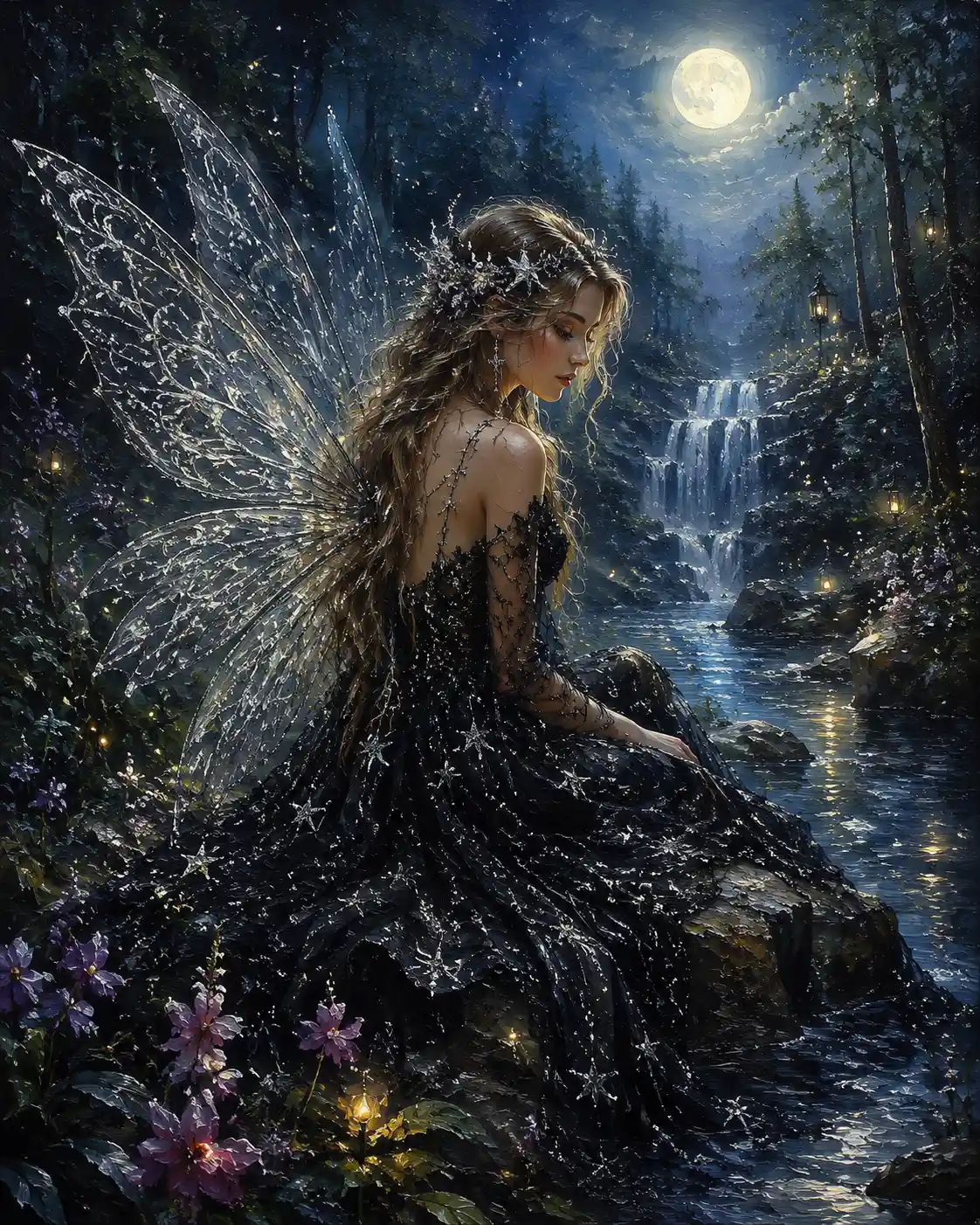 Fairy Girl In Black Lace Dress Under Enchanted Moon