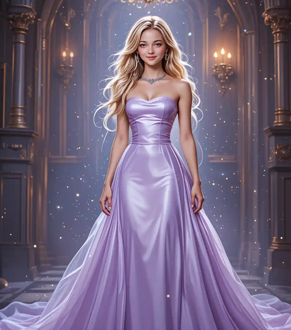 Young blonde woman in lilac satin strapless bridal gown