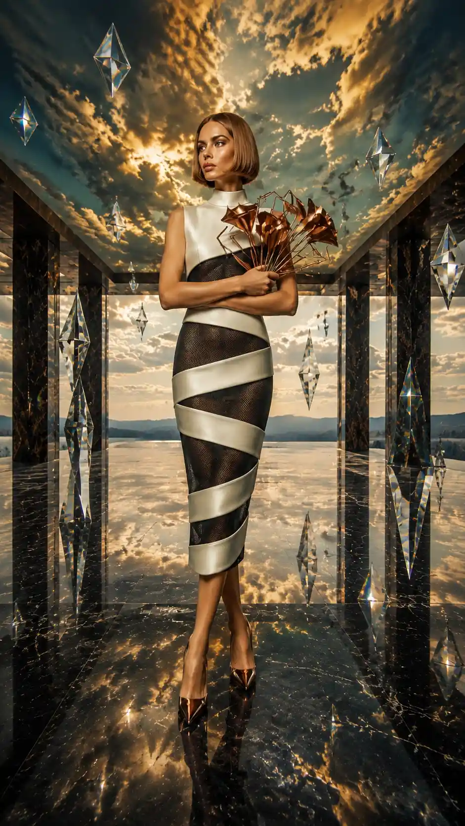 Woman in striped dress holding metallic calla lily bouquet