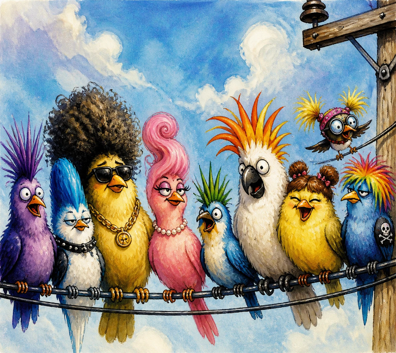 Quirky cartoon birds with wild hairstyles on a power line