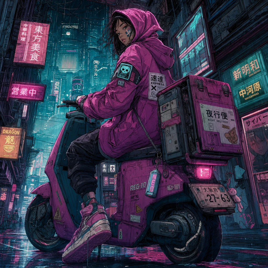 Courier girl riding a scooter in neon cyberpunk alley