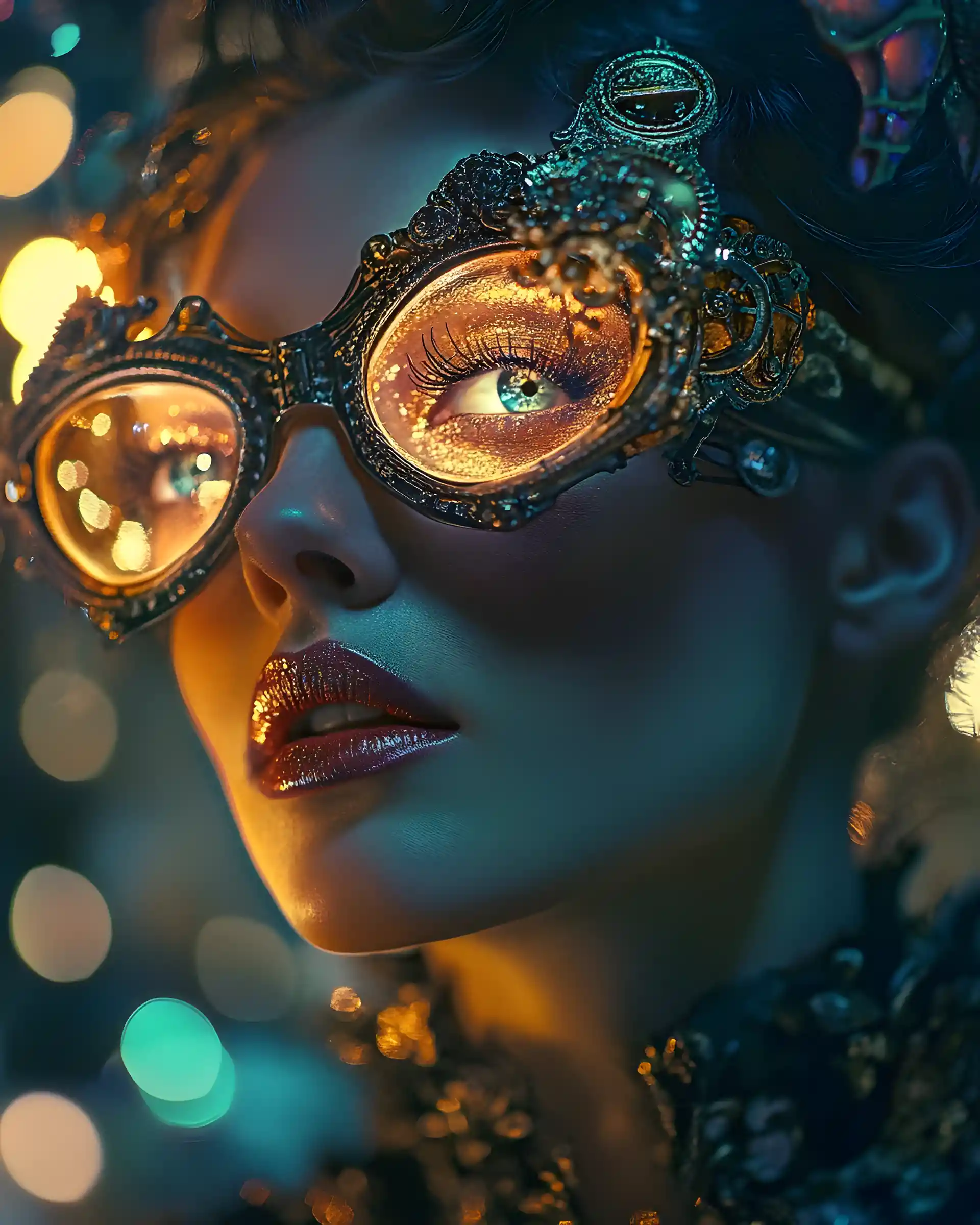 Colorful dramatic portrait of a steampunk woman in studio