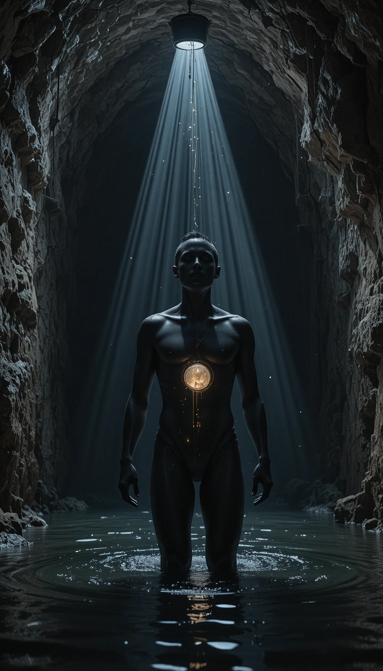 Homme dans une grotte souterraine avec bouche de coffre-fort en fer lumineux
