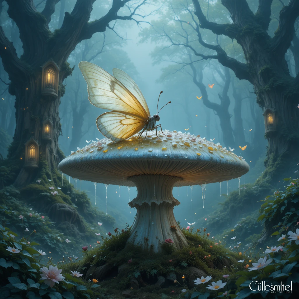 Whimsical Butterfly Resting On Dewy Mushroom In Enchanted Glade