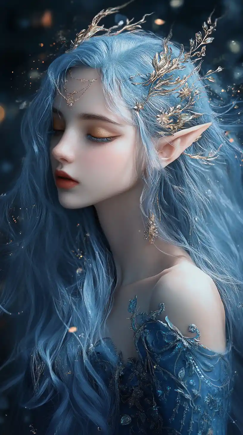 Serene elf queen portrait in glowing enchanted forest