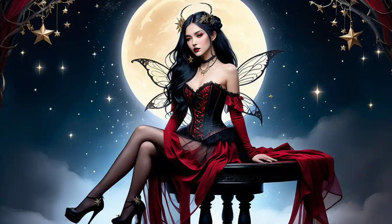 Goth fairy resting on a stool in a dreamy moonlit scene