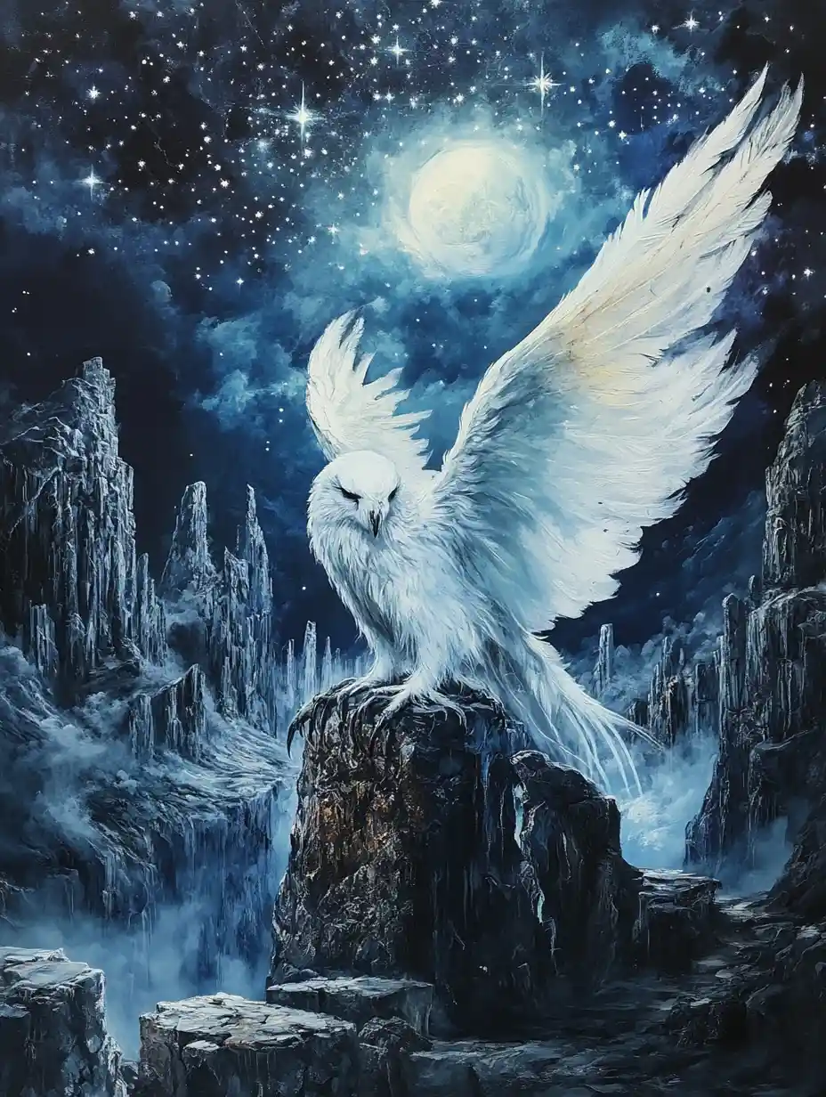 Celestial mythical creature on ancient floating ruins at night