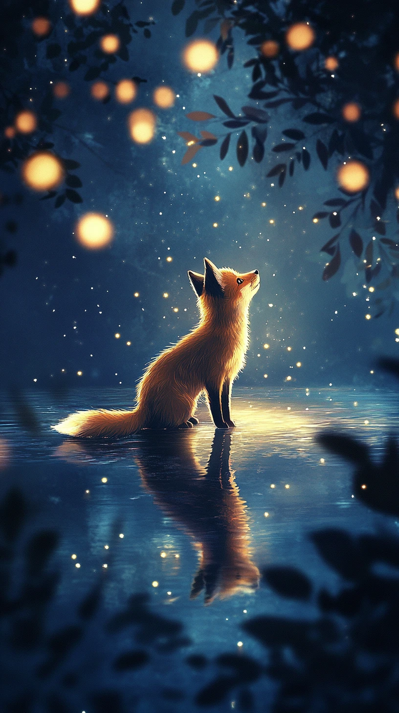 Small fox by a glowing blue pond at night