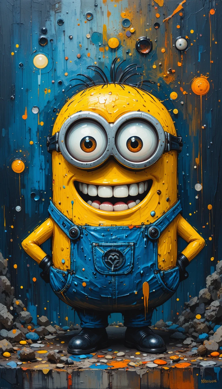 Playful yellow cartoon creature in chaotic abstract painting