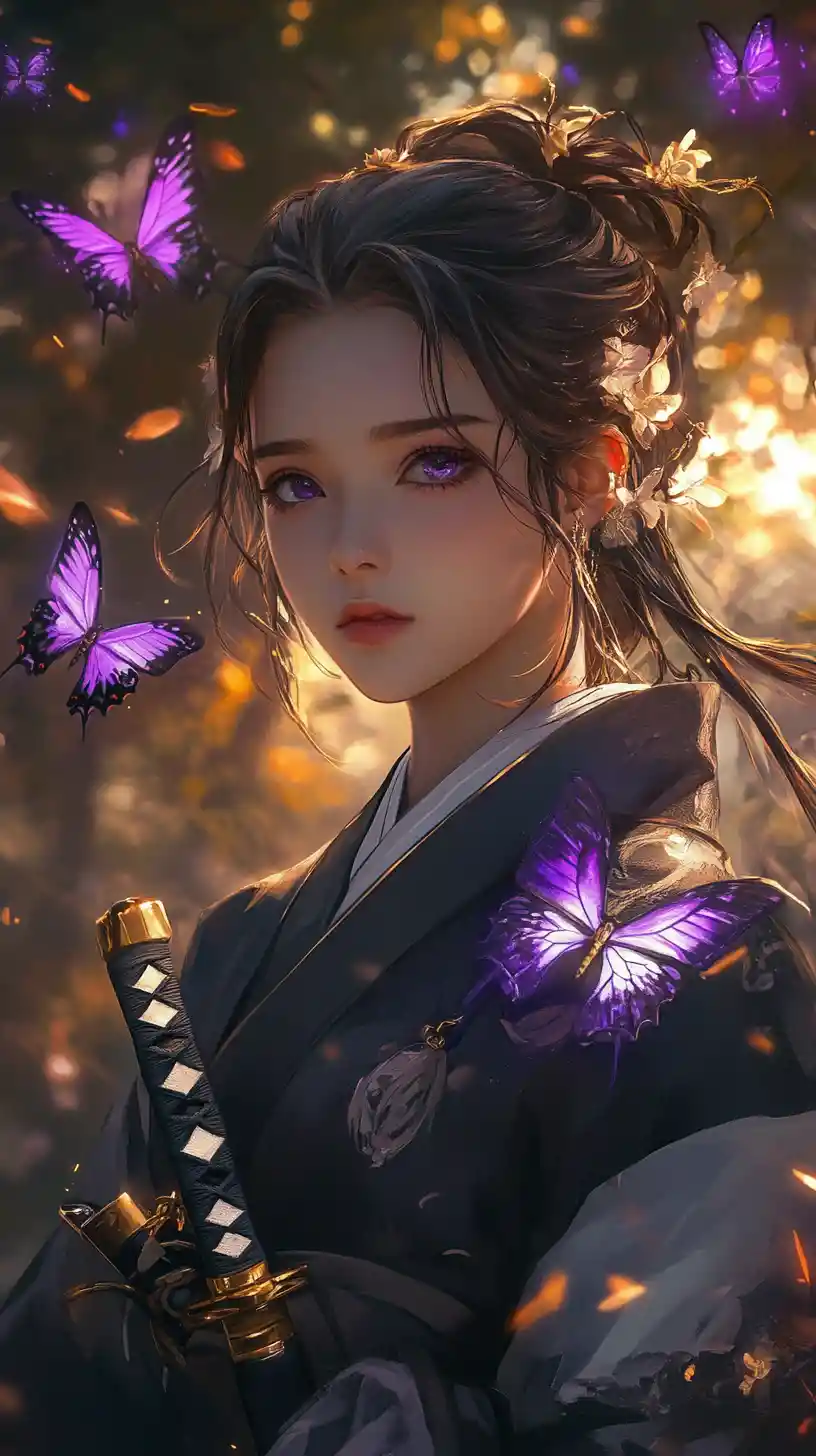 Anime girl with glowing butterflies in an enchanted forest