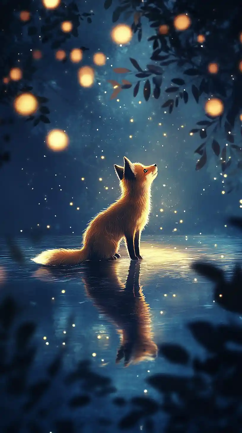 Small fox by a glowing blue pond at night