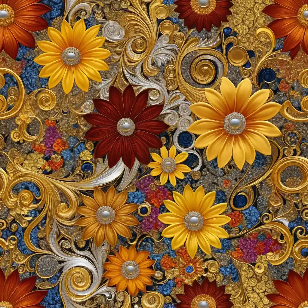 Vibrant Floral Artwork With Gold And Silver Swirling Patterns