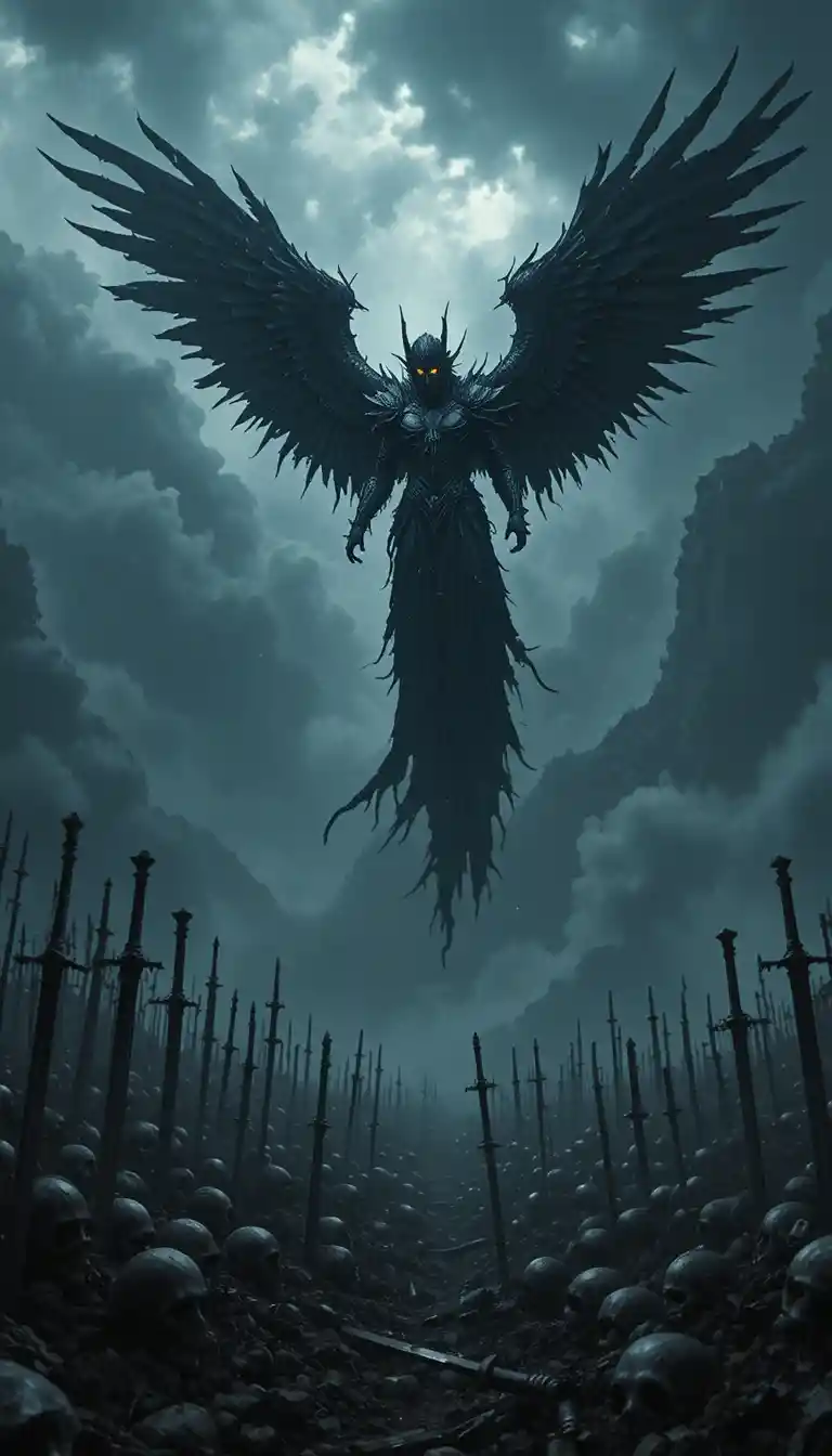 Fallen angel warrior descending over a stormy battlefield