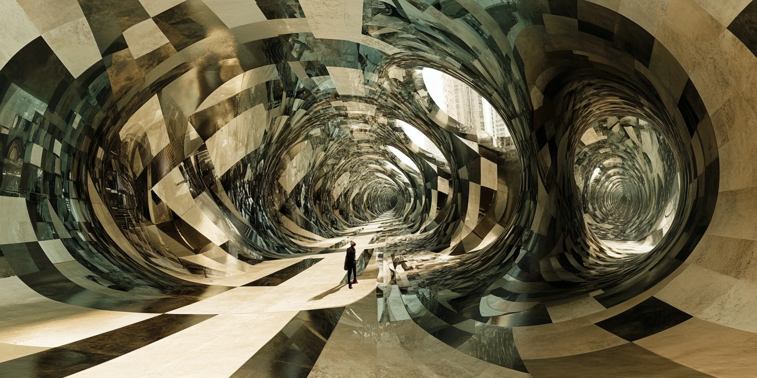 Surreal facade opening into an infinite mirrored maze