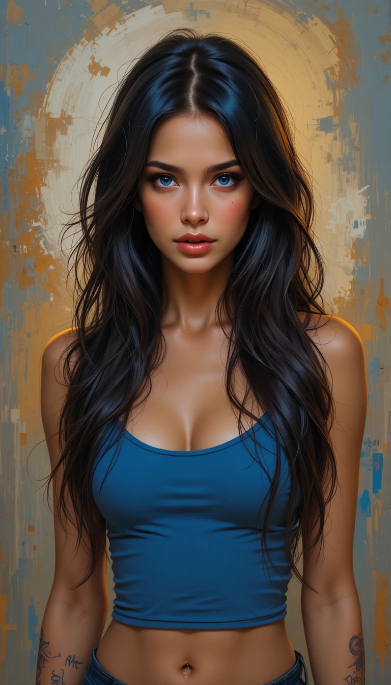 Thoughtful girl with blue eyes in a blue tank top