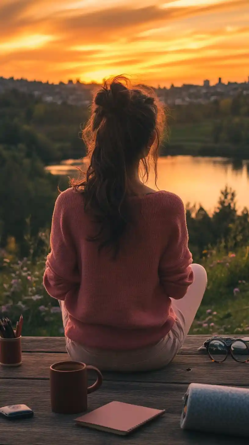 Young woman relaxing on a lakeside deck at sunset