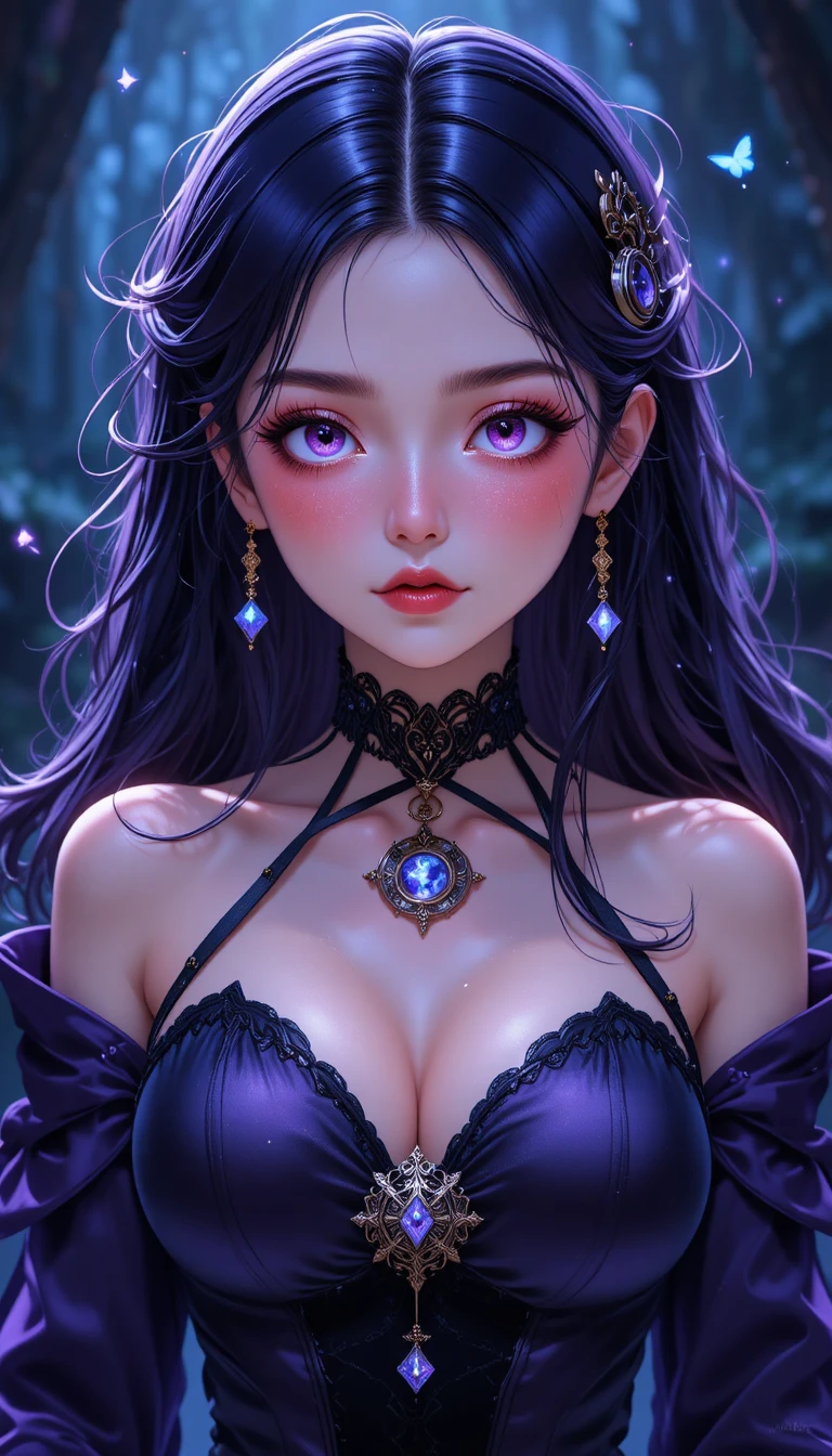 Young anime witch girl with glowing violet magic runes