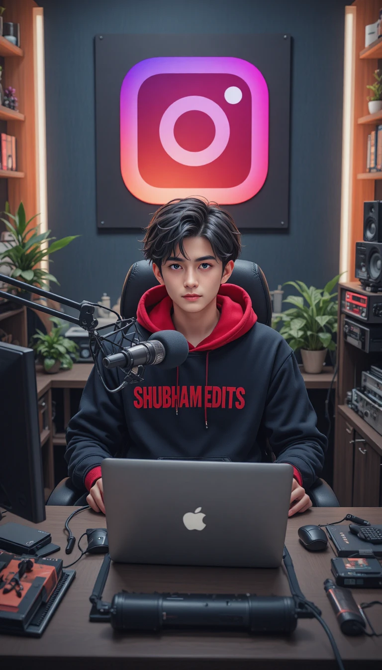 Anime boy streaming at a desk with laptop and mic