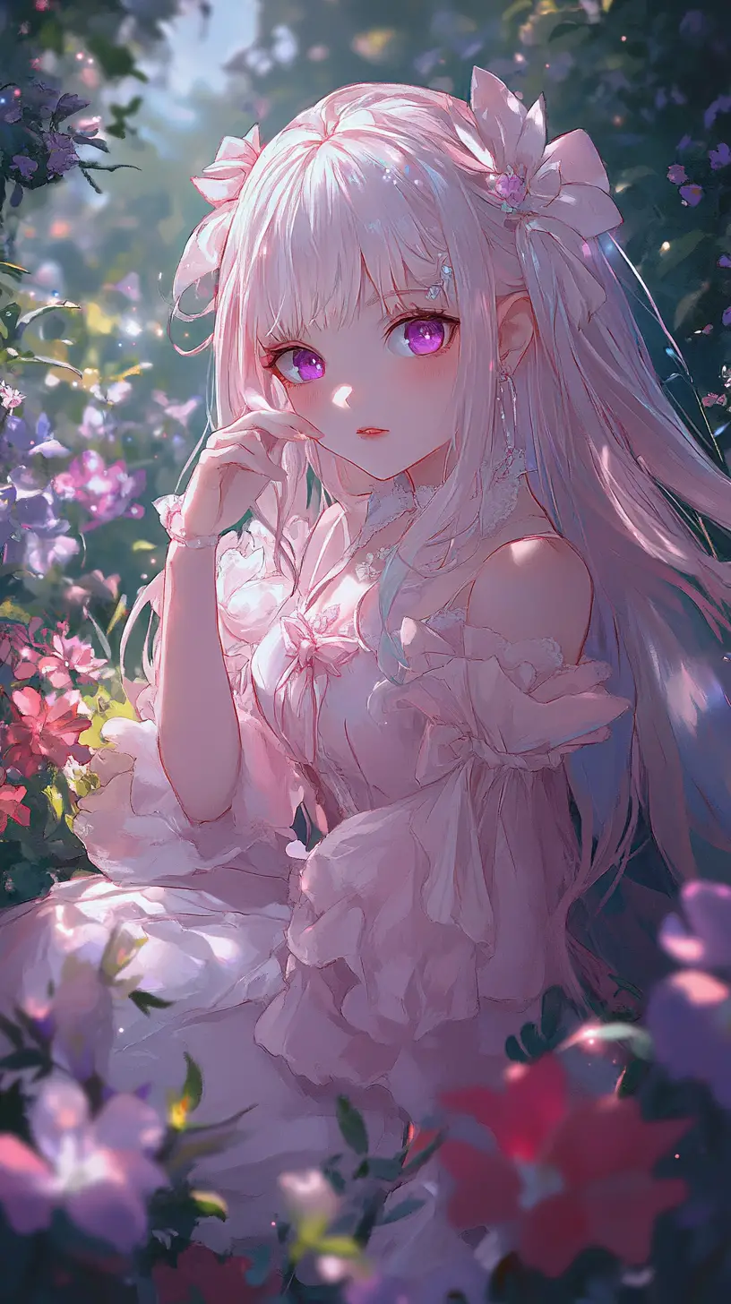 Pink haired anime girl sitting in a glowing flower field