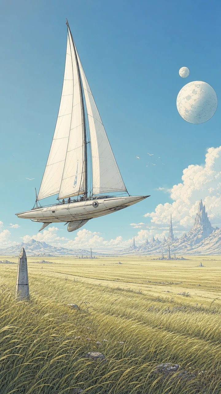 Barco de vela futurista flotando sobre un mar de hierba alienígena