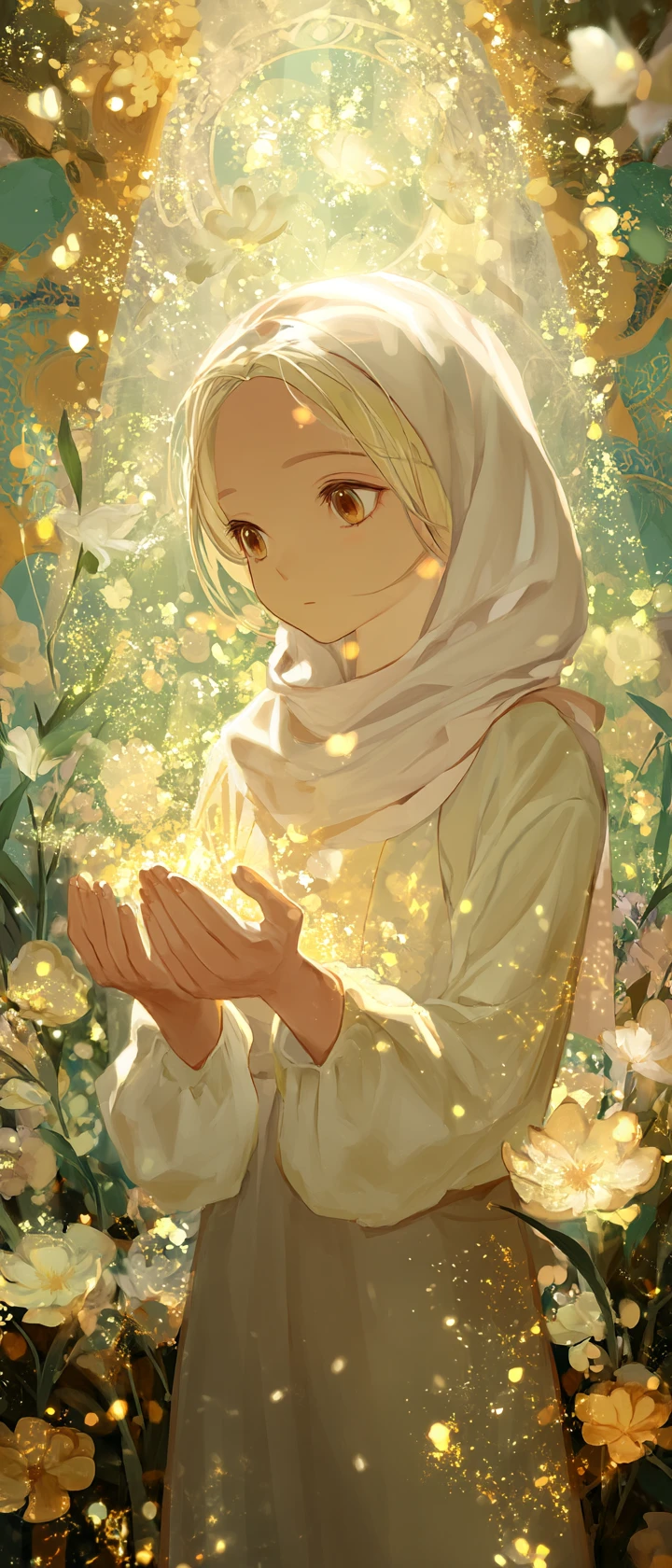 Anime girl offering a glowing memory at a sacred altar