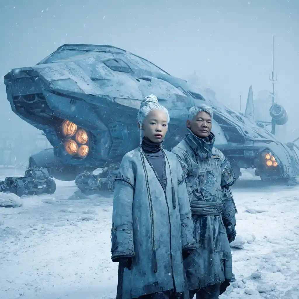 Stealth shuttle landing on a frozen alien planet at night