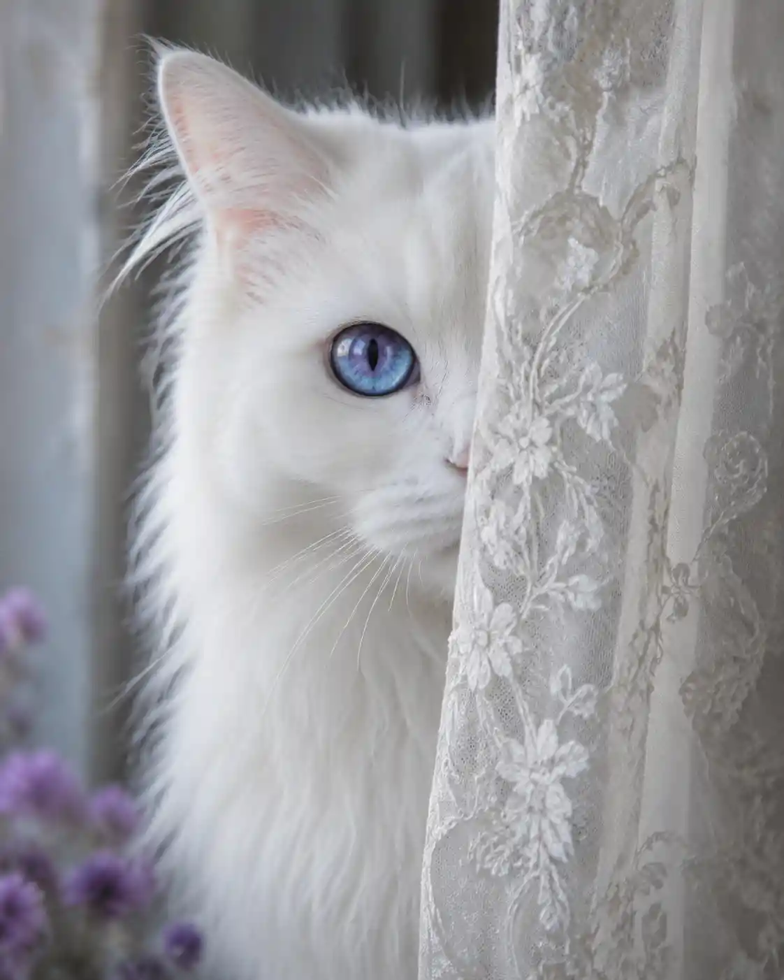 White long haired cat peeking from behind a sheer curtain