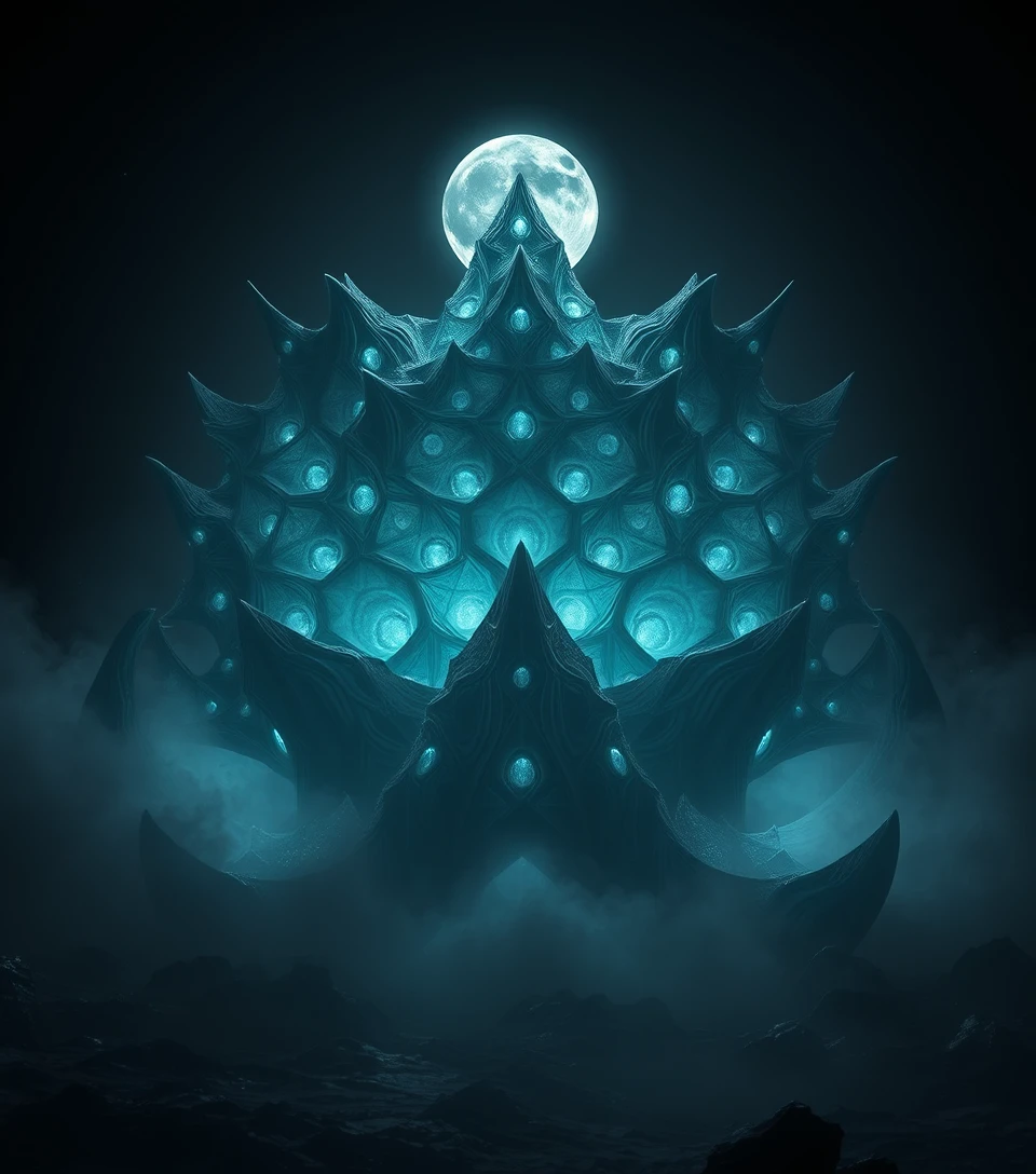 Ancient cosmic monster rising from a dark reflective ocean