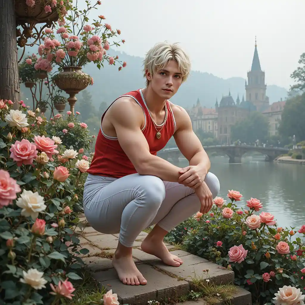 Blond young man by pond in roses at misty sunrise